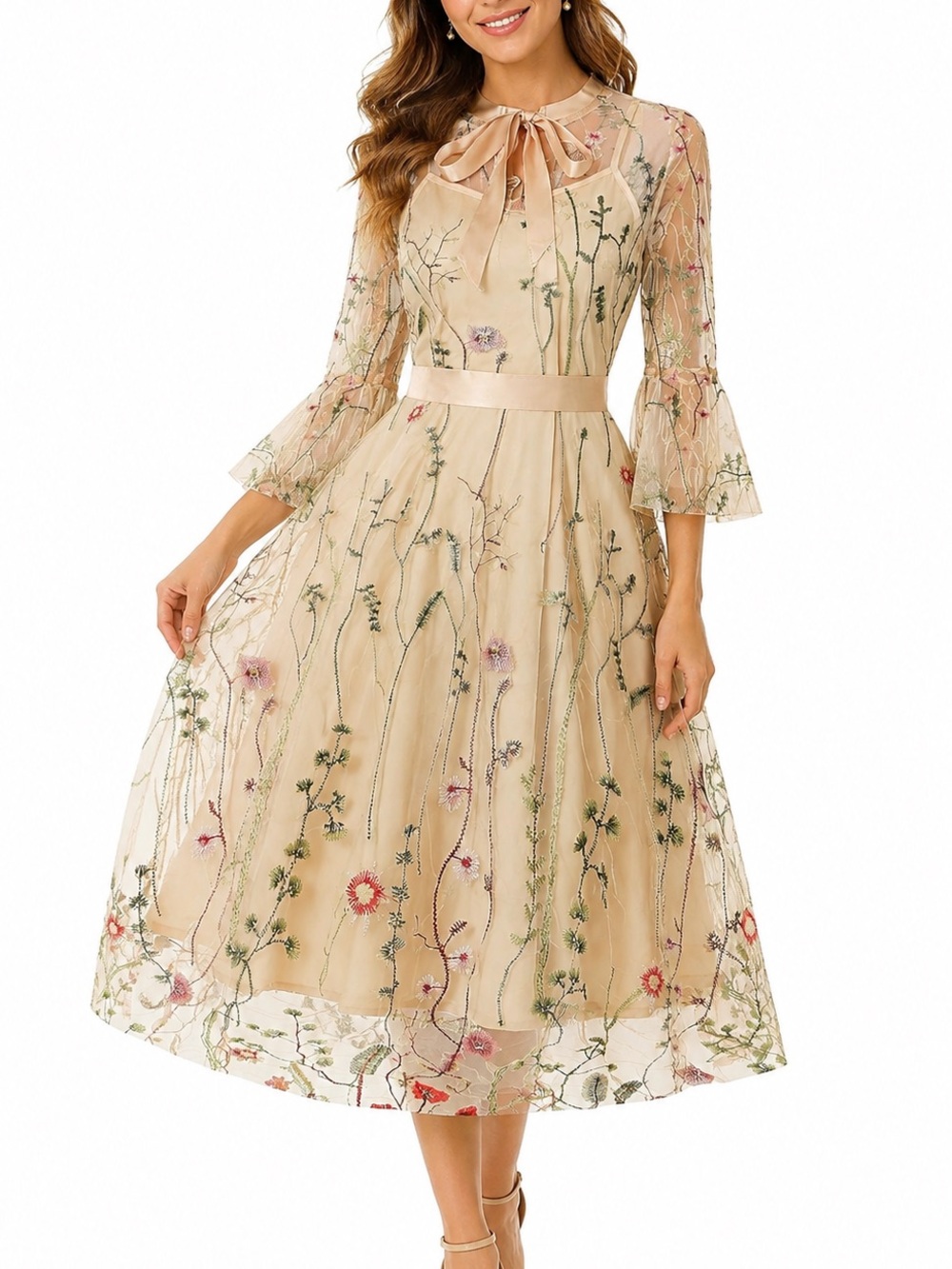 Embroidered Cream Floral Midi Dress with Satin Waist and Bow